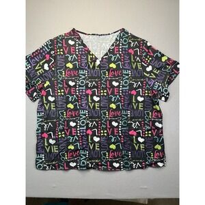 Womens Scrub Top Heart Love Print V-Neck Pockets Short Sleeve 5XL Black Colorful